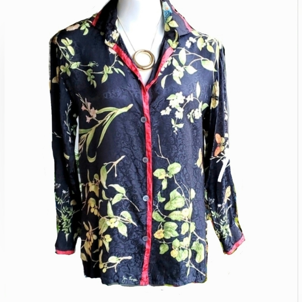 Vintage Signed Jim Thompson Botanical Butterfly Print Black Silk Blouse Size 8